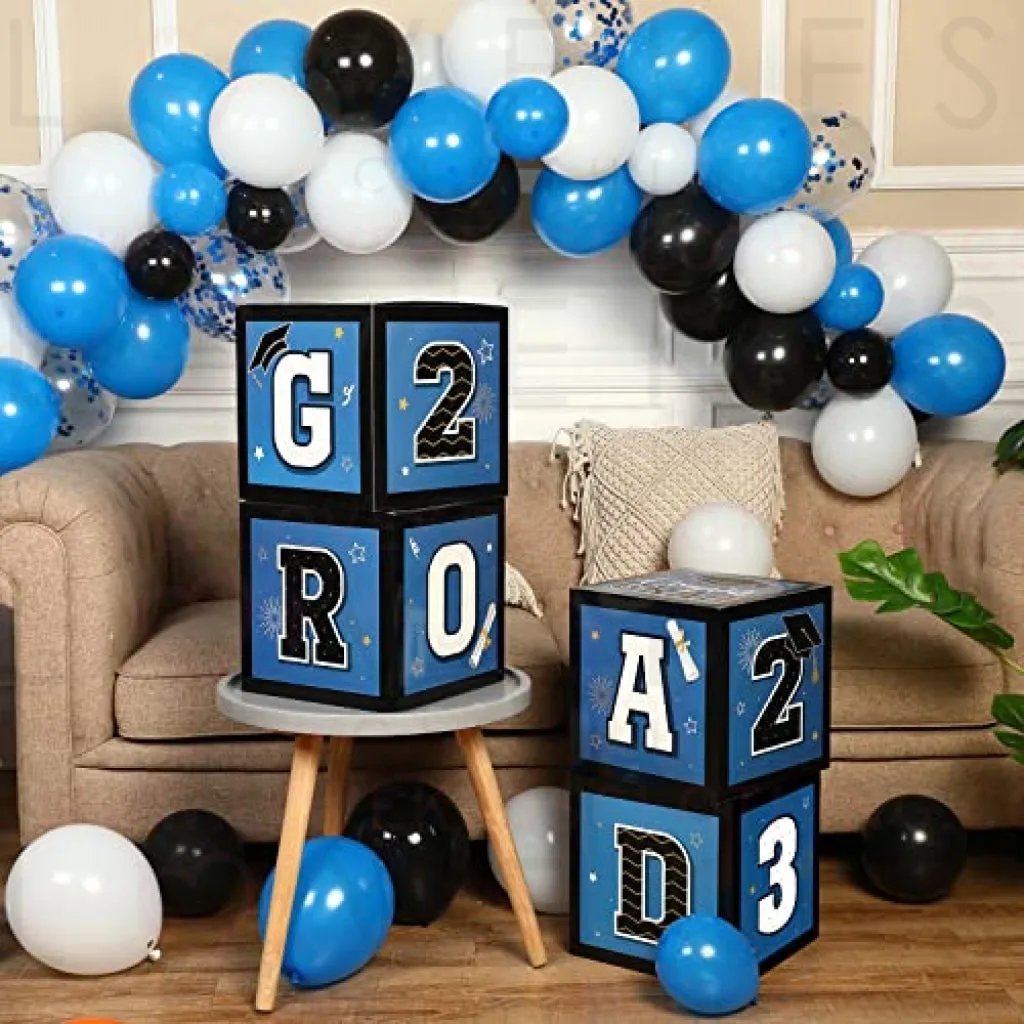 63 Pieces Graduation Box Decorations 2023 Balloon Boxes Set, Congrats Grad Block Boxes Decor with Point Dot for Class of 2023 School Party Supplies Celebration, 11.8 x 11.8 x 11.8 Inch (Blue)