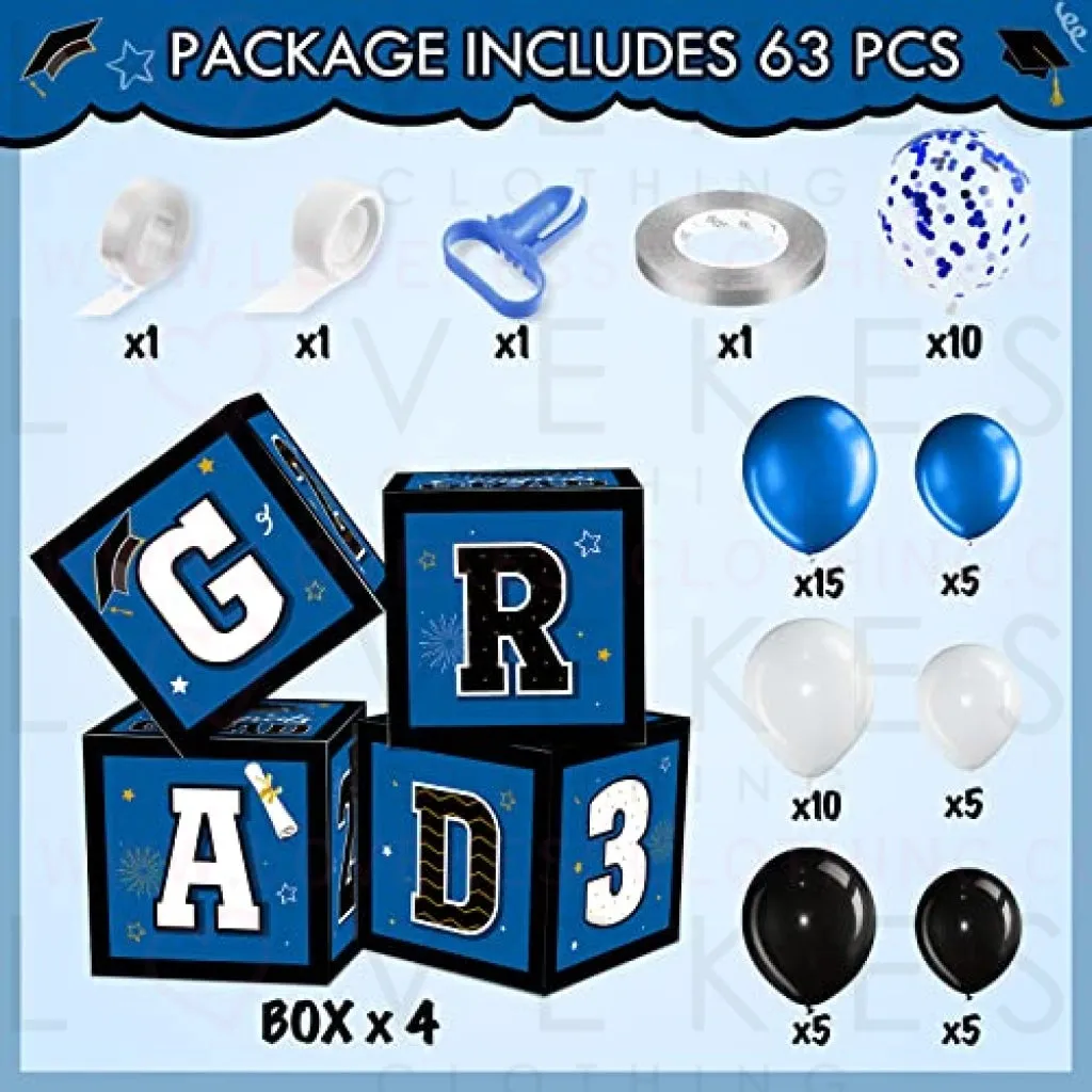 63 Pieces Graduation Box Decorations 2023 Balloon Boxes Set, Congrats Grad Block Boxes Decor with Point Dot for Class of 2023 School Party Supplies Celebration, 11.8 x 11.8 x 11.8 Inch (Blue)