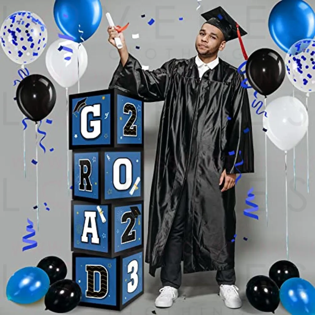 63 Pieces Graduation Box Decorations 2023 Balloon Boxes Set, Congrats Grad Block Boxes Decor with Point Dot for Class of 2023 School Party Supplies Celebration, 11.8 x 11.8 x 11.8 Inch (Blue)