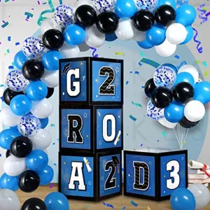 63 Pieces Graduation Box Decorations 2023 Balloon Boxes Set, Congrats Grad Block Boxes Decor with Point Dot for Class of 2023 School Party Supplies Celebration, 11.8 x 11.8 x 11.8 Inch (Blue)