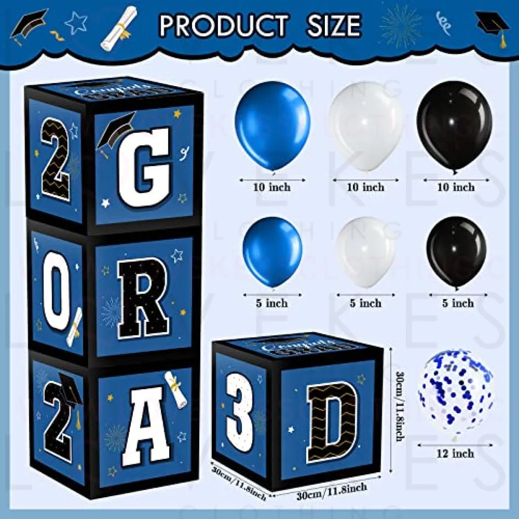 63 Pieces Graduation Box Decorations 2023 Balloon Boxes Set, Congrats Grad Block Boxes Decor with Point Dot for Class of 2023 School Party Supplies Celebration, 11.8 x 11.8 x 11.8 Inch (Blue)