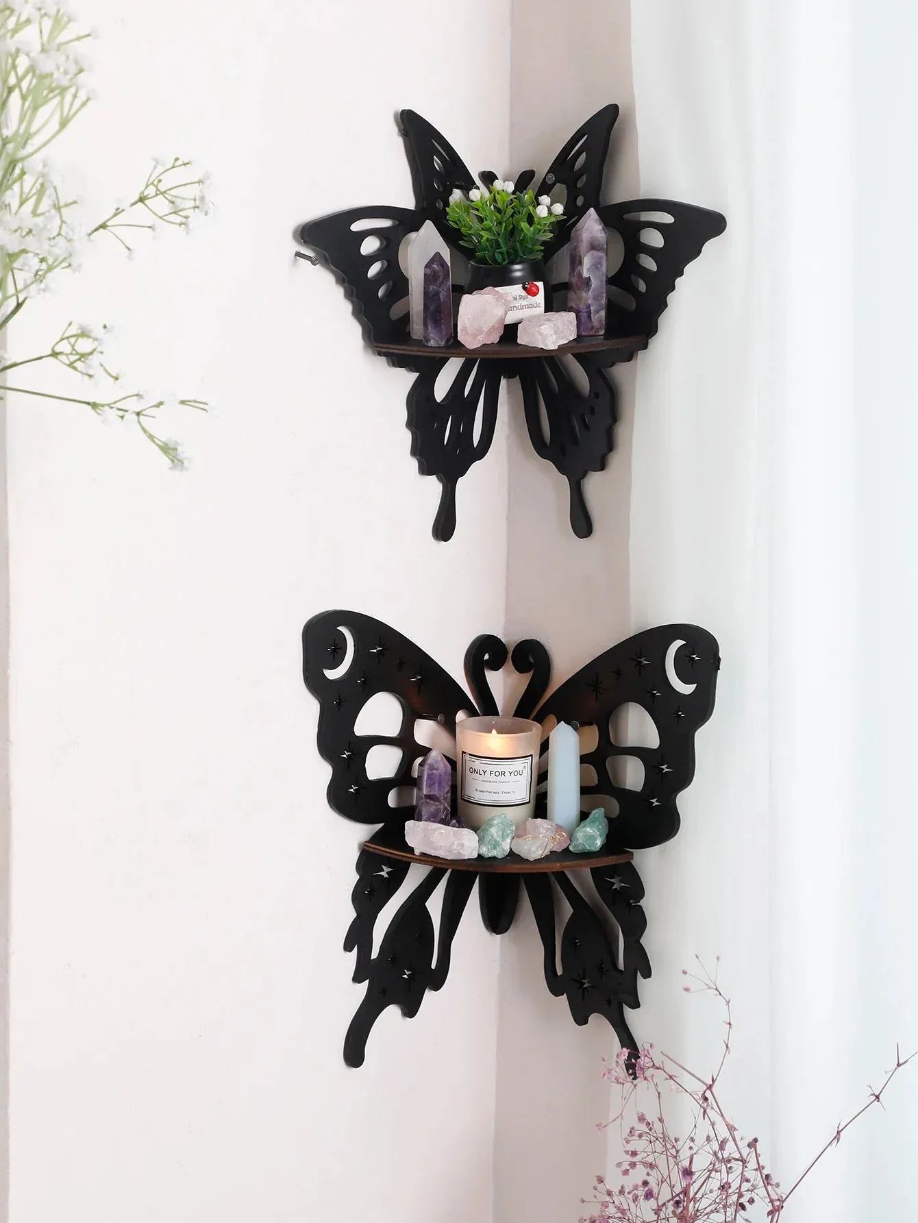 Boho Butterfly Wood Shelf Crystal Holder and Wall Decor