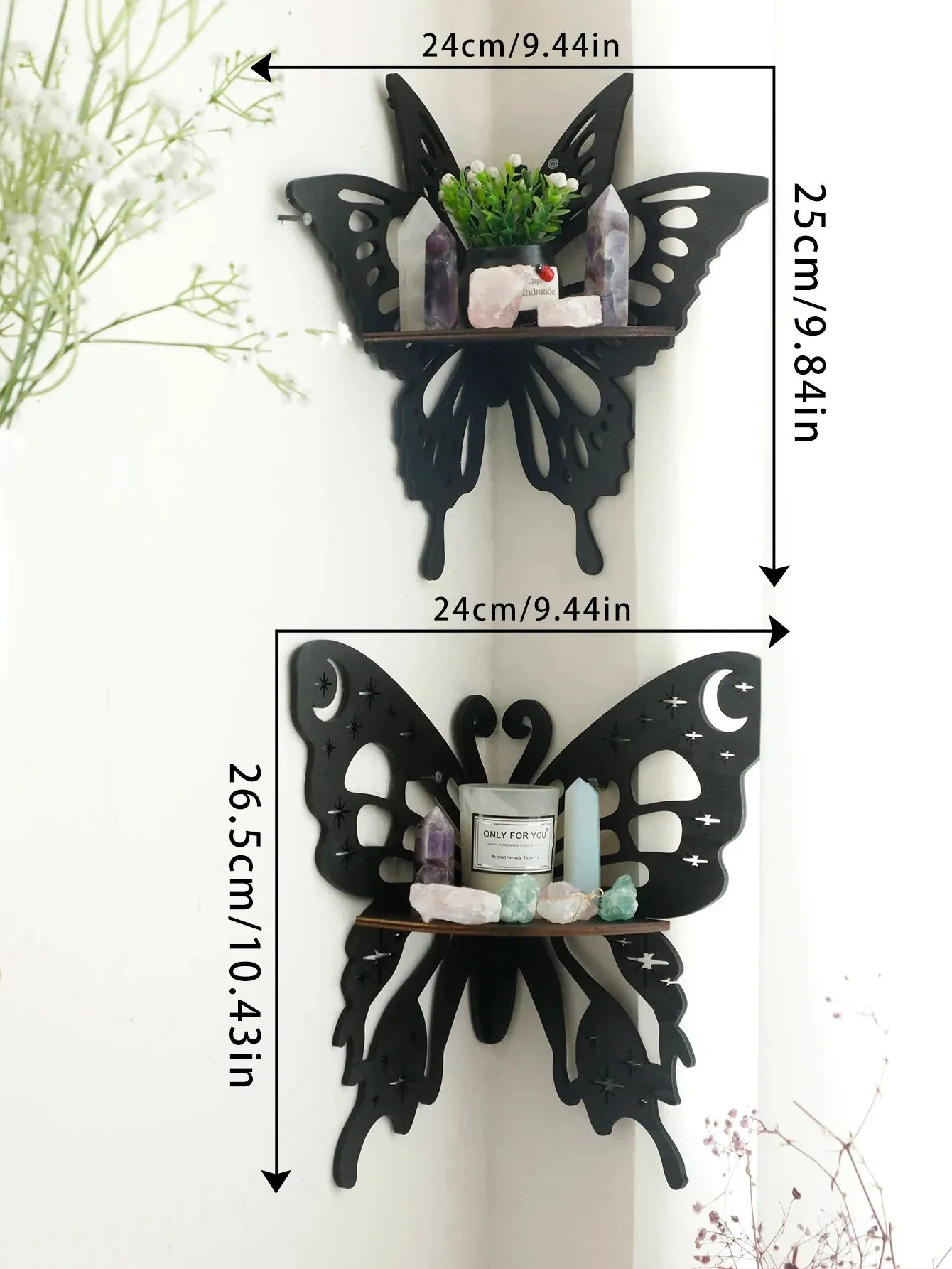 Boho Butterfly Wood Shelf Crystal Holder and Wall Decor