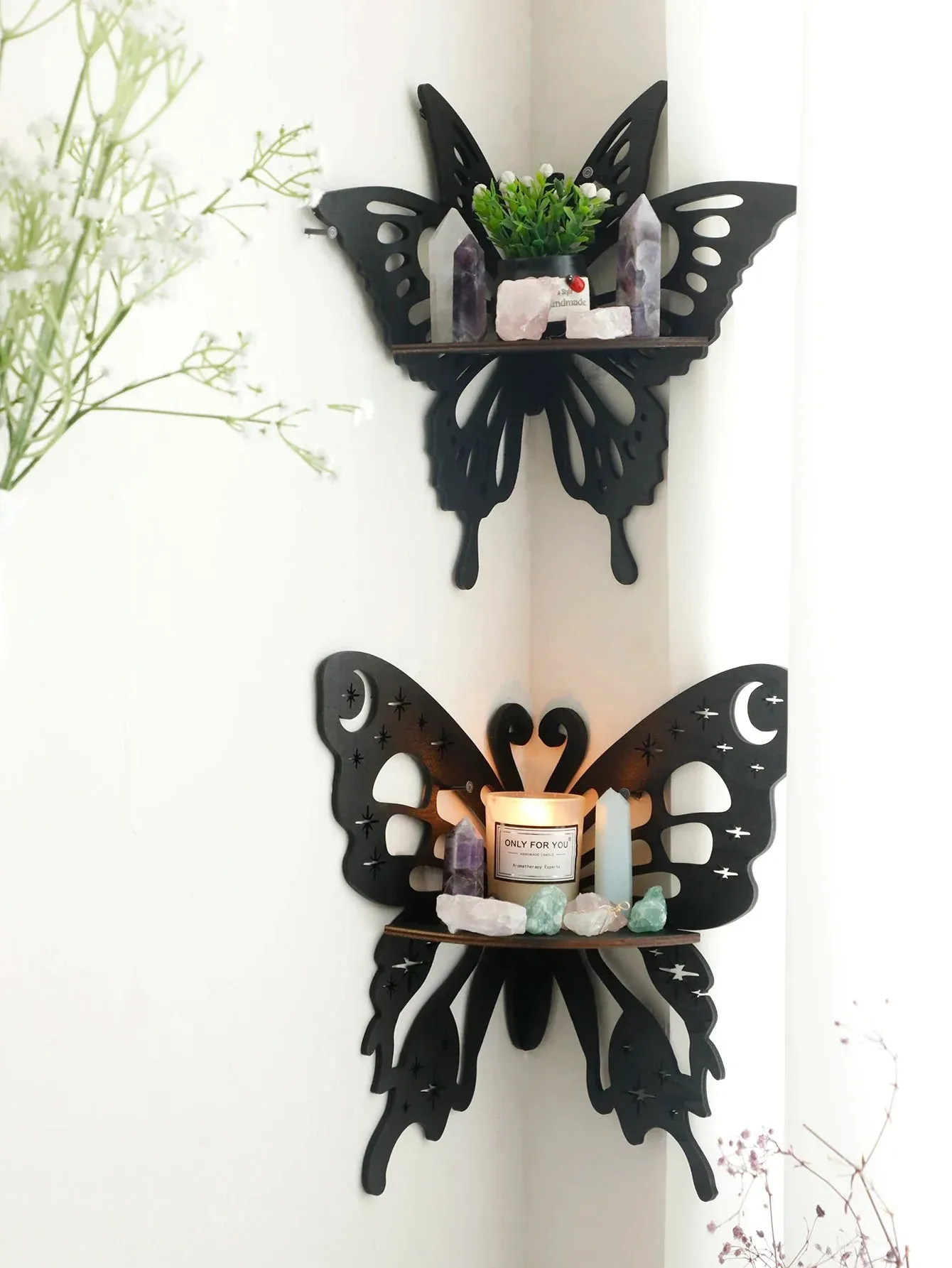Boho Butterfly Wood Shelf Crystal Holder and Wall Decor