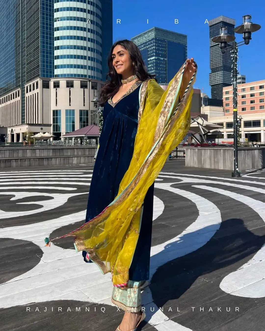 Fariba Blue Bell Sleeve Mrunal Thakur Velvet Kurta Set