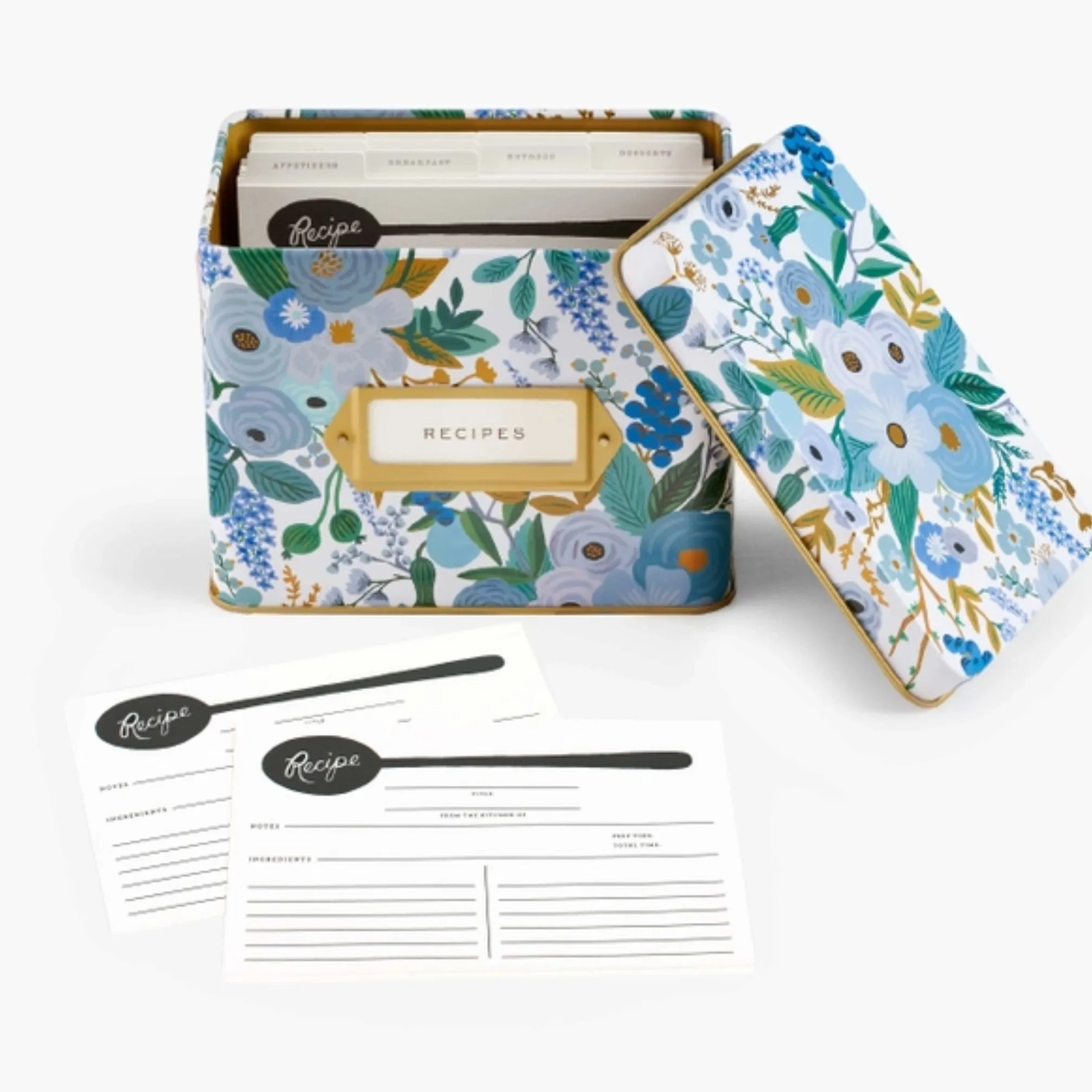 Garden Party Blue Tin Recipe Box