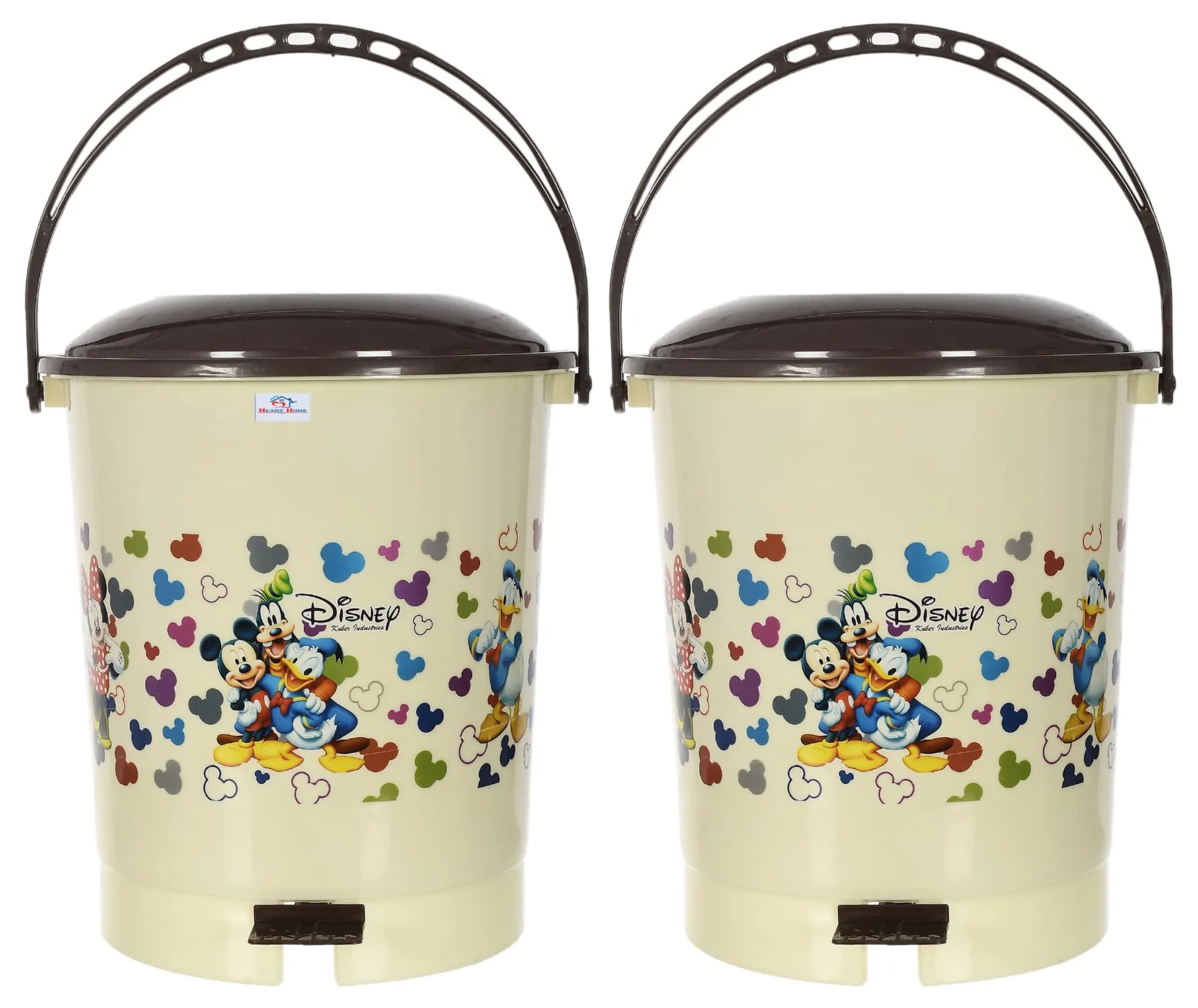 Heart Home Multiuses Mickey & Friends Print Plastic Dustbin For Home, Kitchen, Office, Bathroom With Swing Lid 10 Litre Pack of 2 (Cream) 52HH3973