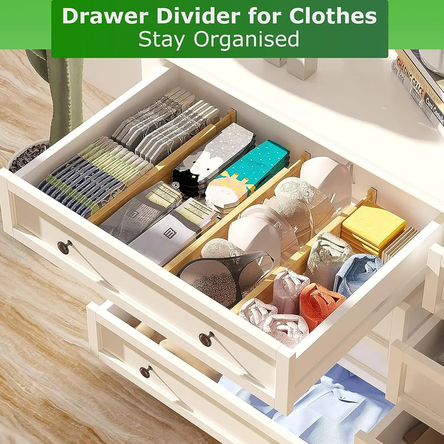 MASS DYNAMIC Bamboo Drawer Dividers - 4pcs Set. Adjustable & Spring Loaded for Kitchen, Bathroom, Baby, and Tools Drawers. Get Clutter-Free Today Dimension (31 x 6.5 x 1.5) cmDrawers.