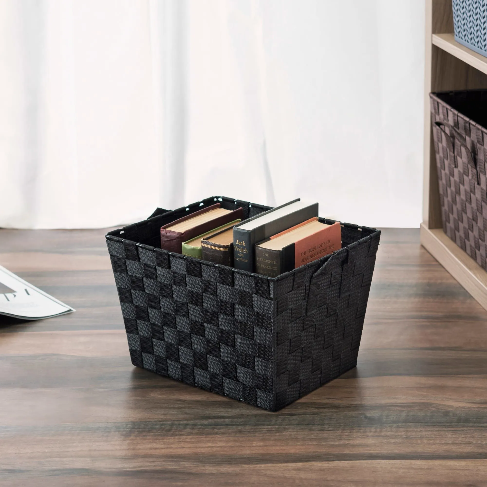 Multi-Purpose Stackable Medium Woven Strap Open Bin with Cut-Out Handles, Black