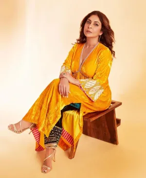 Mustard Yellow Bell Sleeve Shefali Shah Silk Velvet Kurta Set