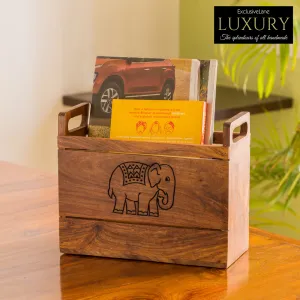 'The Elephant Warriors' Hand Carved Table Magazine Stand In Sheesham Wood