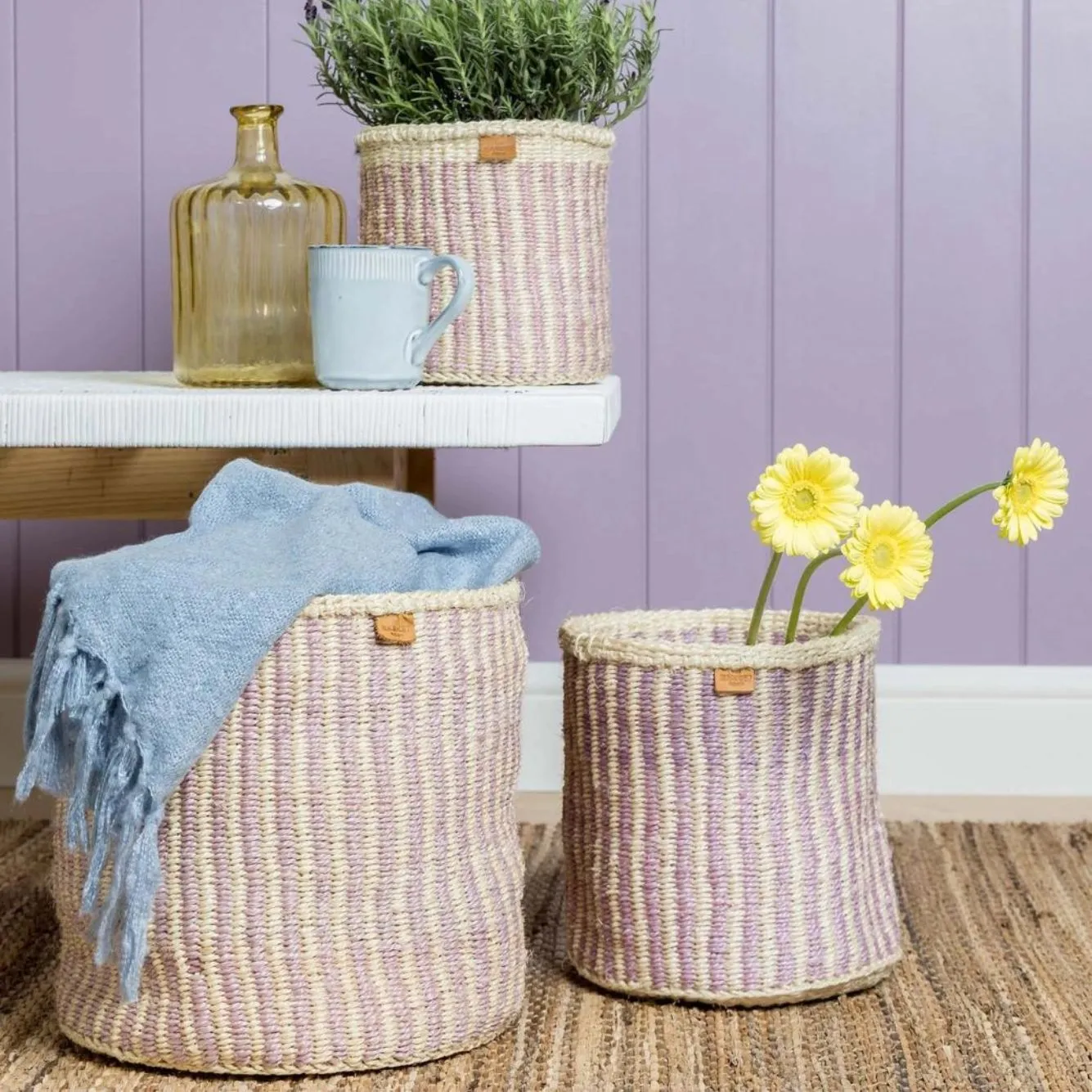 Umeme Lavender Pinstripe Woven Storage Basket