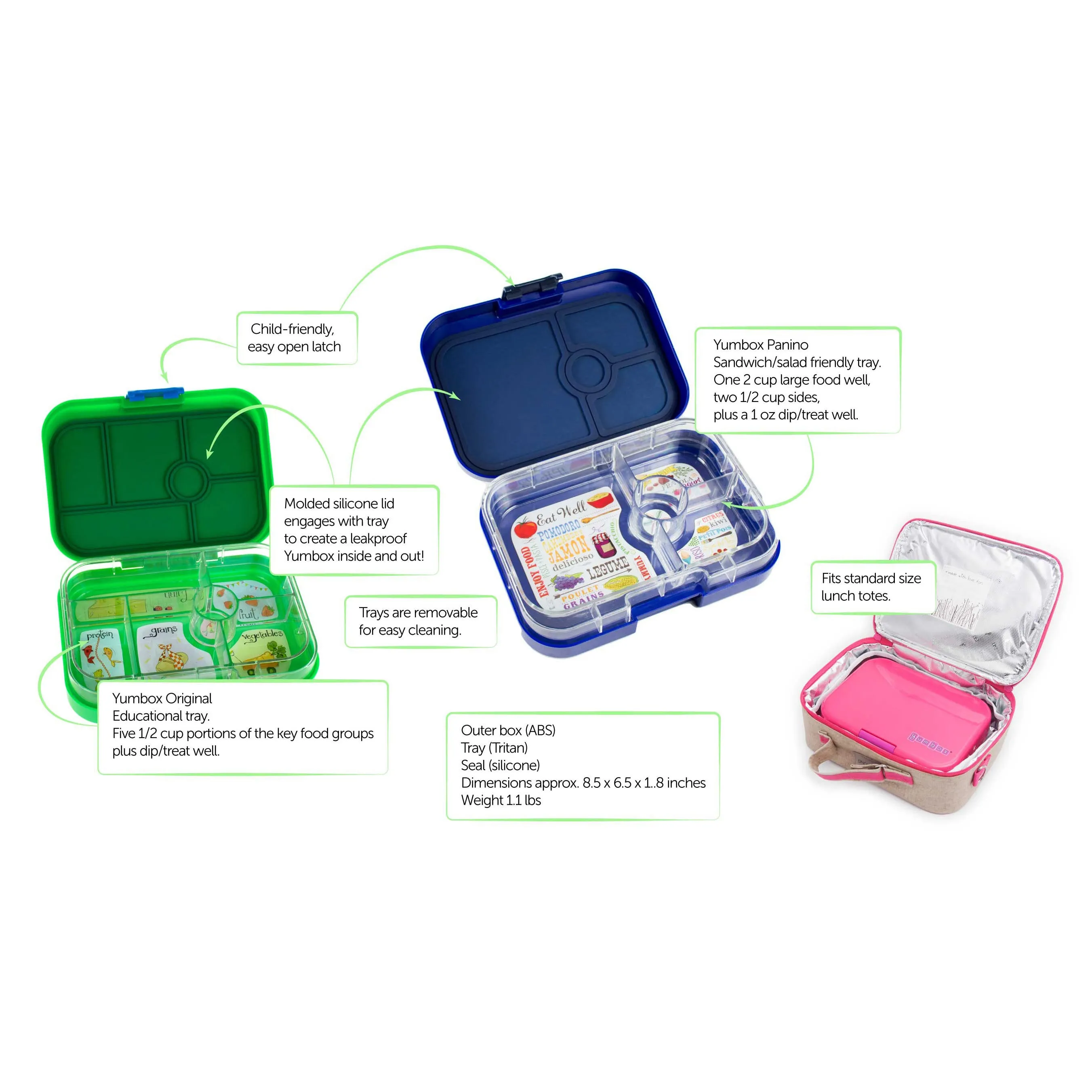 Yumbox Mini Snack Ami Green 3 Compartment Lunch Box